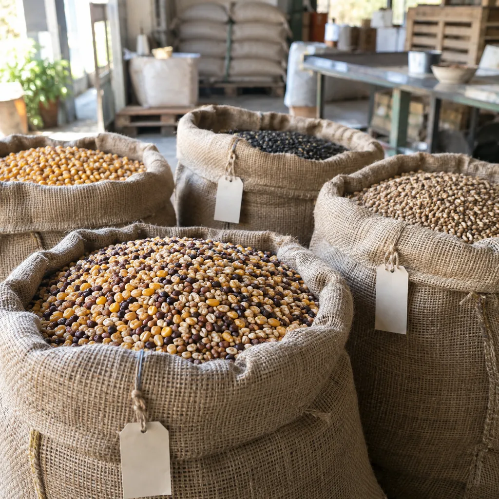 Selected agricultural products in woven sacks with grain texture and paper lot notes visible.