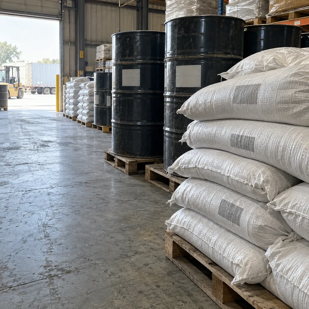 Bulk commodity sacks and metal drums arranged in a warehouse aisle with natural side light.