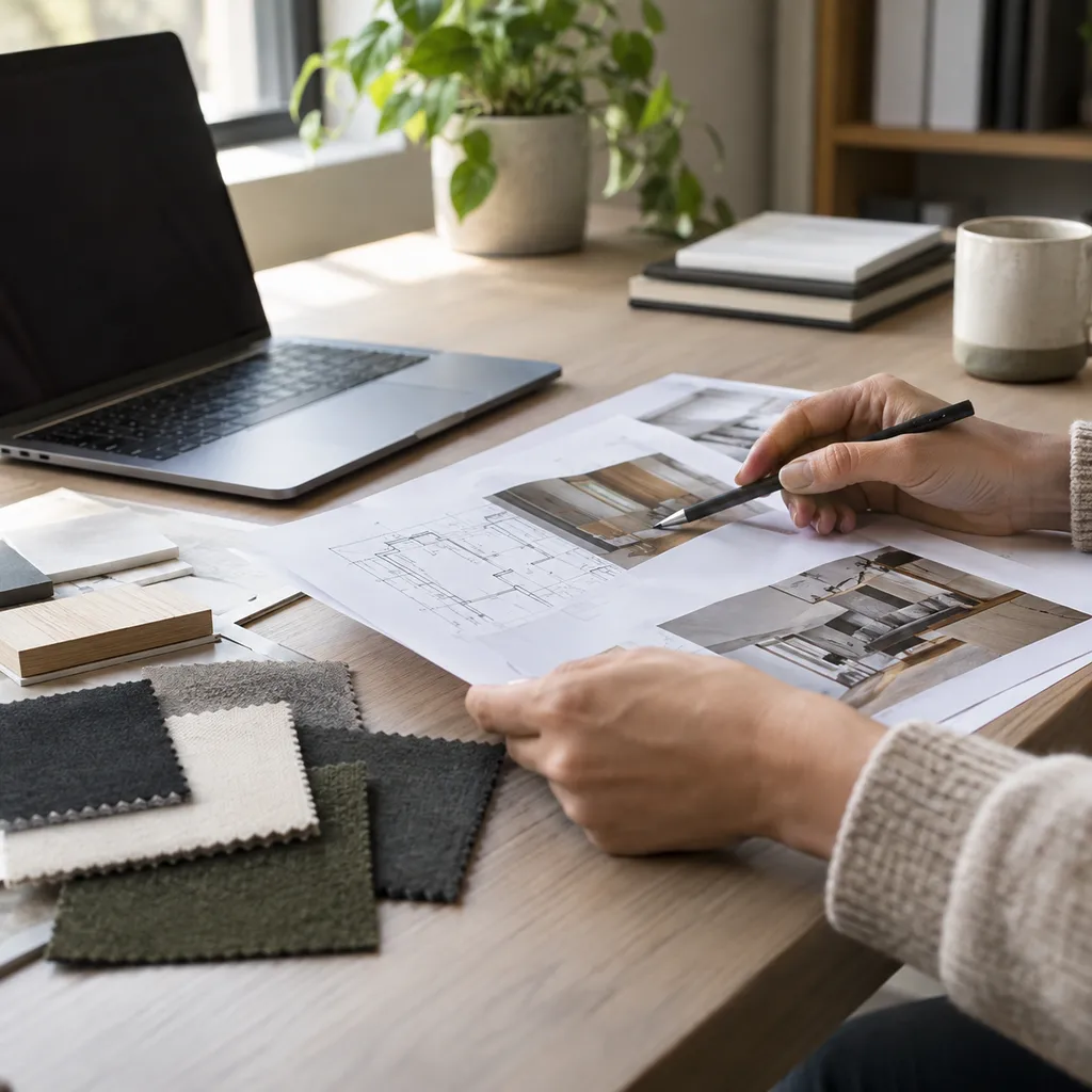 Hands reviewing printed trade documents beside material swatches and a laptop in a quiet office setting.