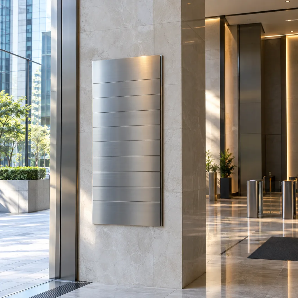 Architectural entry detail of a Hong Kong commercial building with brushed metal directory panels.