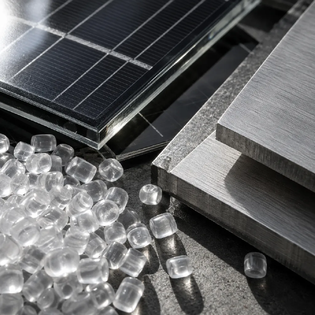Close detail of layered industrial material pieces, resin pellets, and photovoltaic glass under angled daylight.