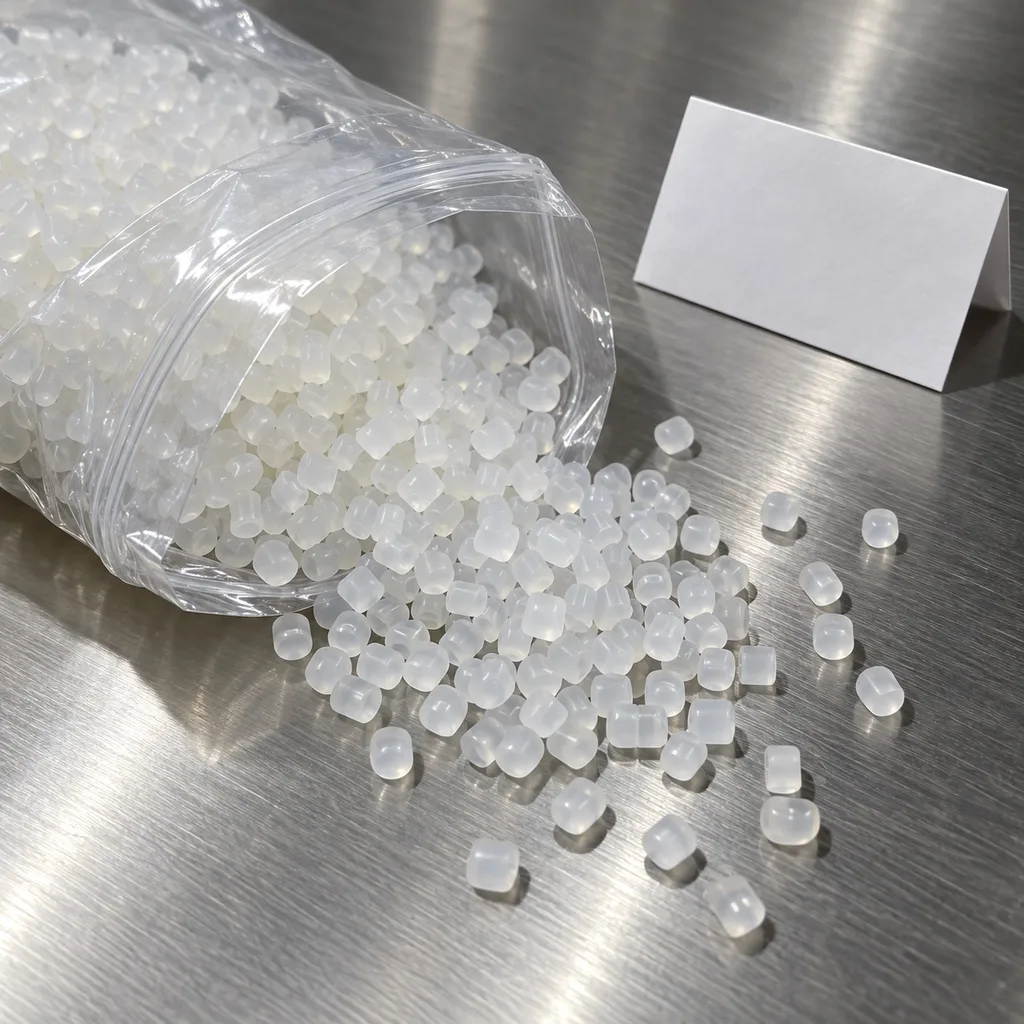 Translucent plastic resin pellets in a clear industrial bag on a brushed metal surface.