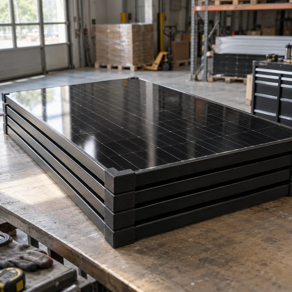 Black framed photovoltaic modules stacked on a clean industrial table with visible glass reflections.
