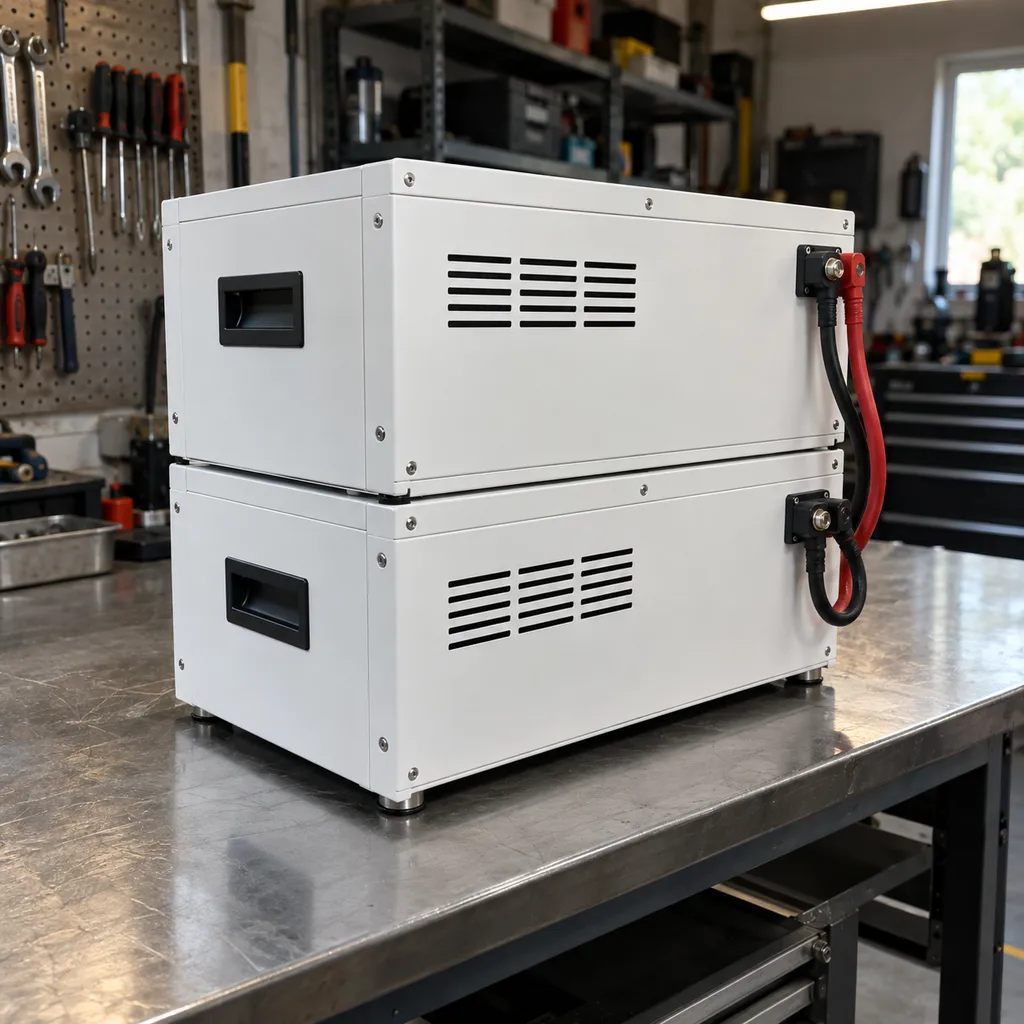 Matte white lithium battery storage modules arranged beside cable connectors in a workshop.
